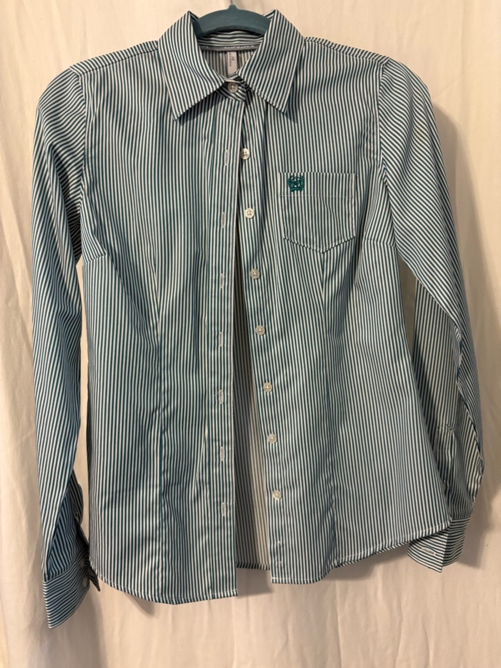 Cinch Women's Teal-White Striped Button Down Shirt